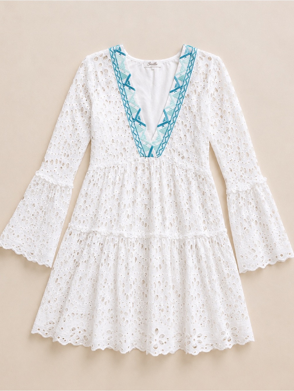 Sundance Yuki Eyelet Lace Dress White & Blue Boho Mini Size XS - Picture 3 of 4